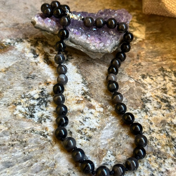 Natural Black Agate Stone Bead Necklace - Picture 9 of 10